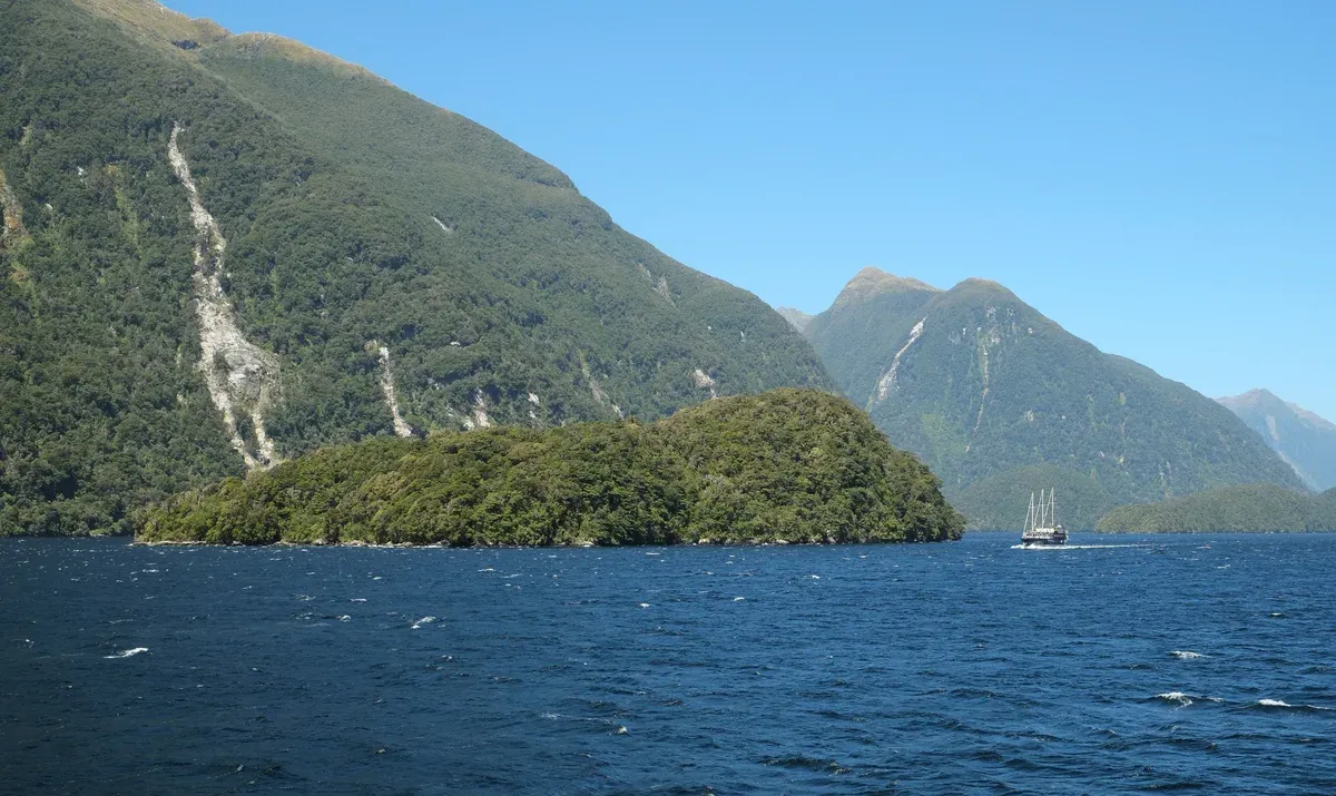 Fergusson Island in bright daylight with a cruise boat beside it on a Doubtful Sound overnight cruise.