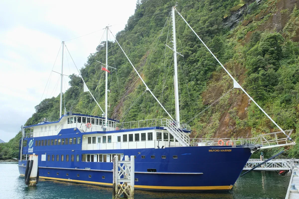 Milford Mariner cruise boat at the Milford Sound wharf before a Milford Sound cruise