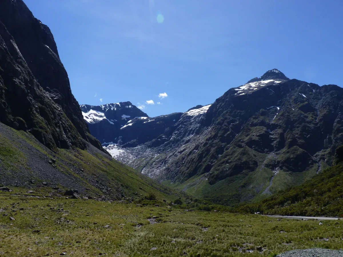 Mountain valley on the Milford Road near Homer Saddle on the way to a Milford Sound cruise