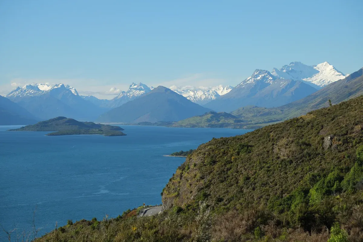 Lake Wakatipu and Pigeon Island toward Mt Earnslaw near Glenorchy, seen before a Milford Sound cruise by air