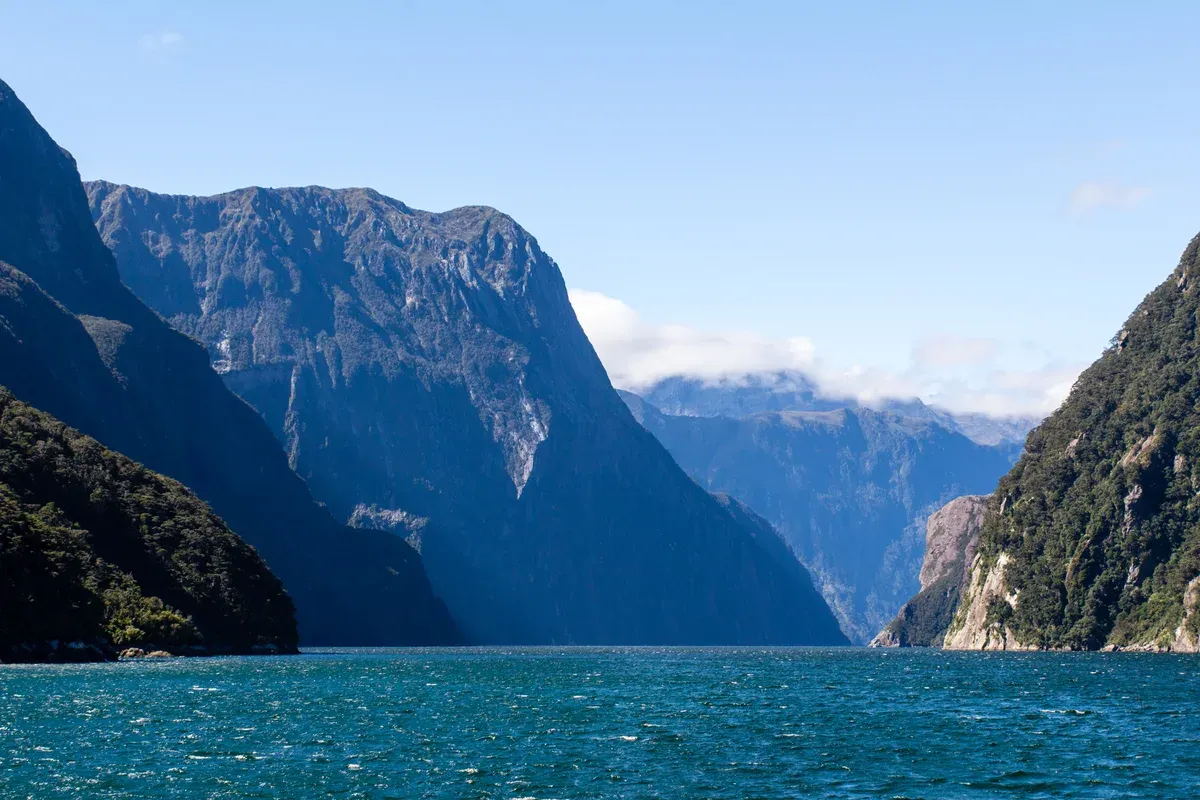 Milford Sound seen from its entrance on the Tasman Sea, the far end of a Milford Sound boat tour